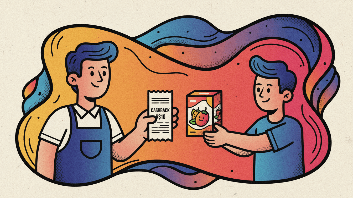 desenho de vendedor com cupom de cashback em mãos e cliente com produto em mãos